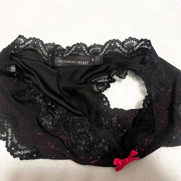 NEW Victoria’s Secret Cheeky Black Pink Bow Sparkly Lace Trim Panty Small RARE - Picture 4 of 7